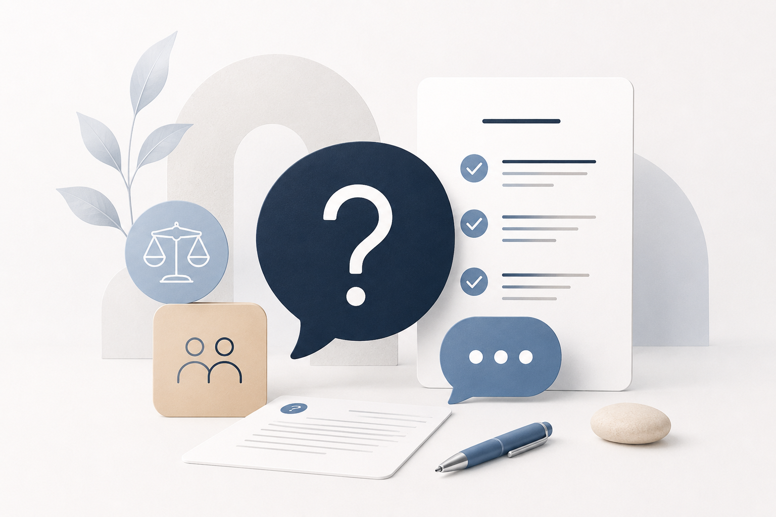 DoUsPart FAQ section with question mark, legal document, scales of justice, and conversation icons