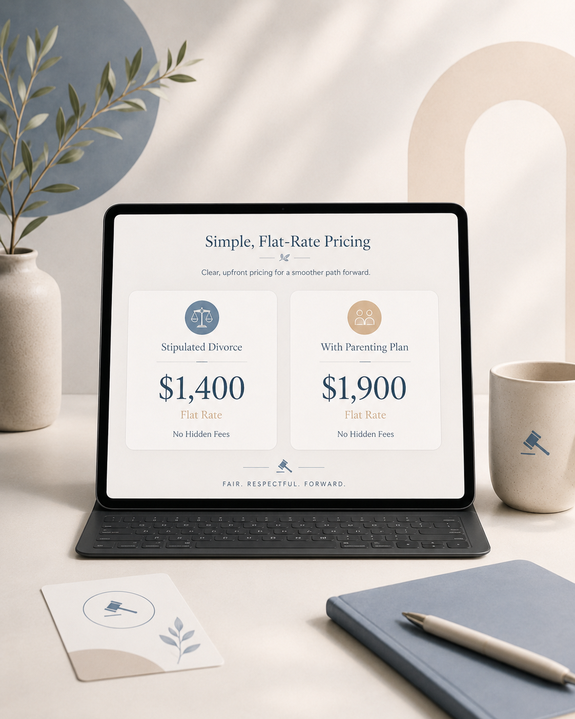Simple flat-rate pricing for DoUsPart stipulated divorce at $1,400 and with parenting plan at $1,900 – no hidden fees