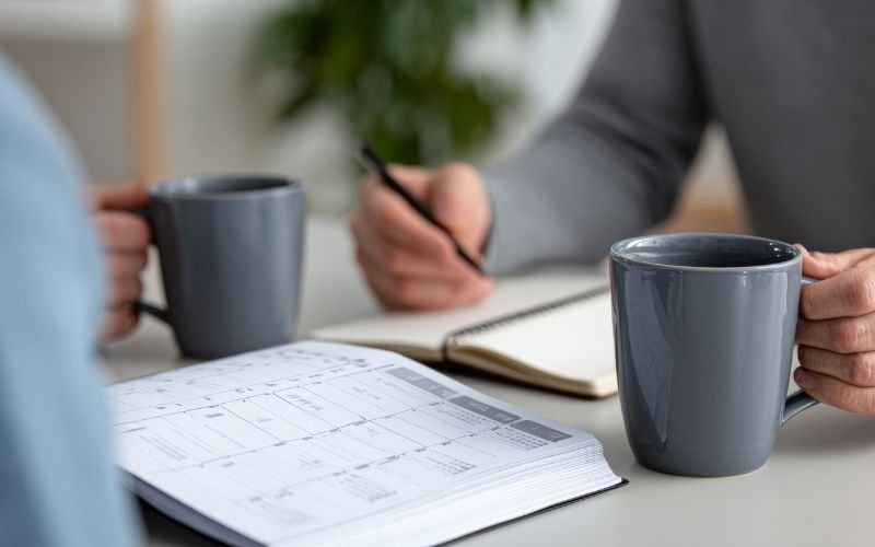 Couple working on documents for their uncontested divorce